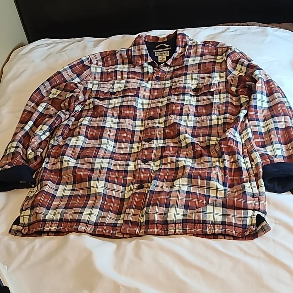 VINTAGE L.L. Bean Shacket Men's Navy Blue Plaid Fleece Line Button Jacket Size L - Picture 1 of 8